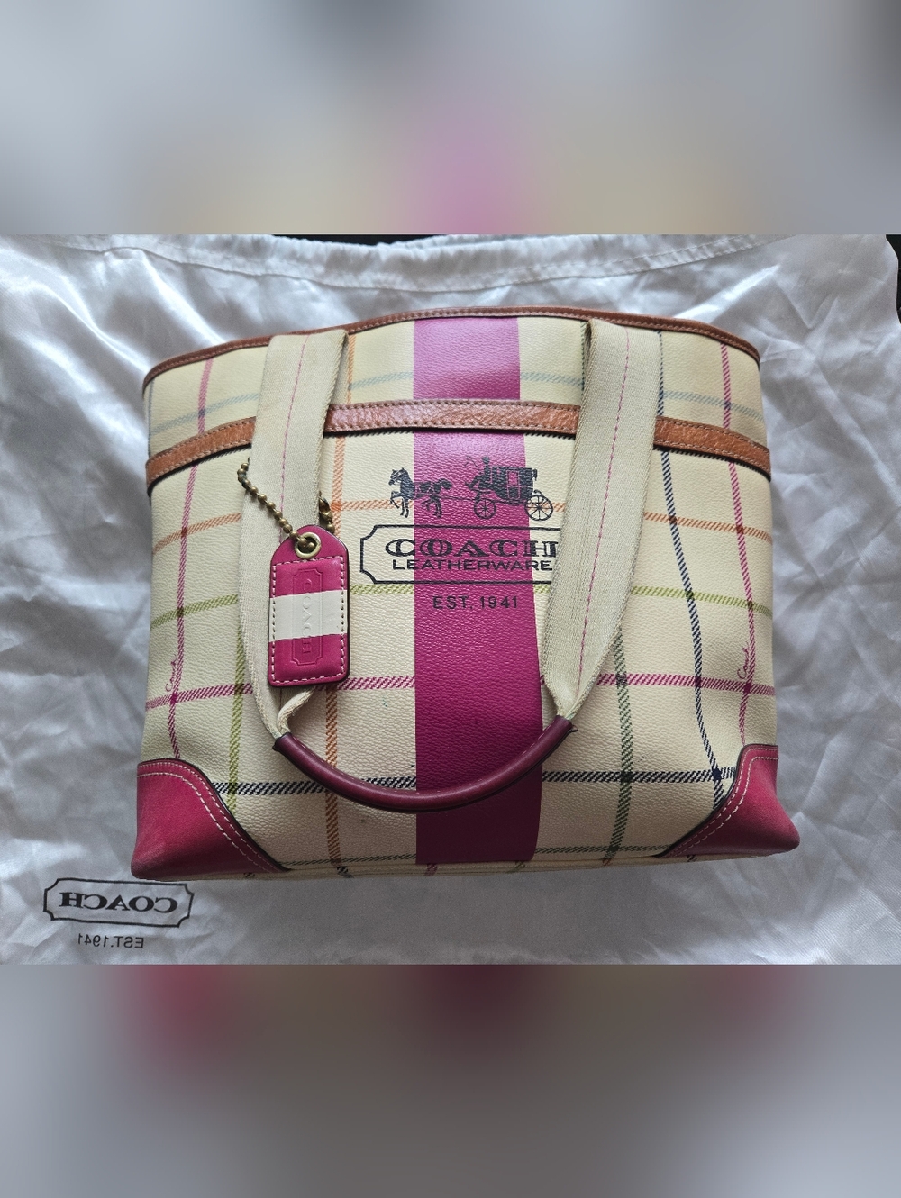 COACH Tattersall Pink/Cream Tote